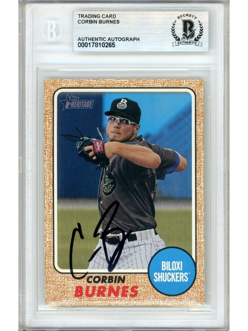 Corbin Burnes Signed 2017 Topps Heritage Minors #184 Beckett BAS Slabbed Auto